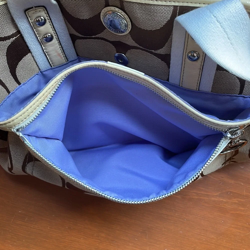 Taupe/tan Coach logo purse, violet lining, white straps - Picture 9 of 12